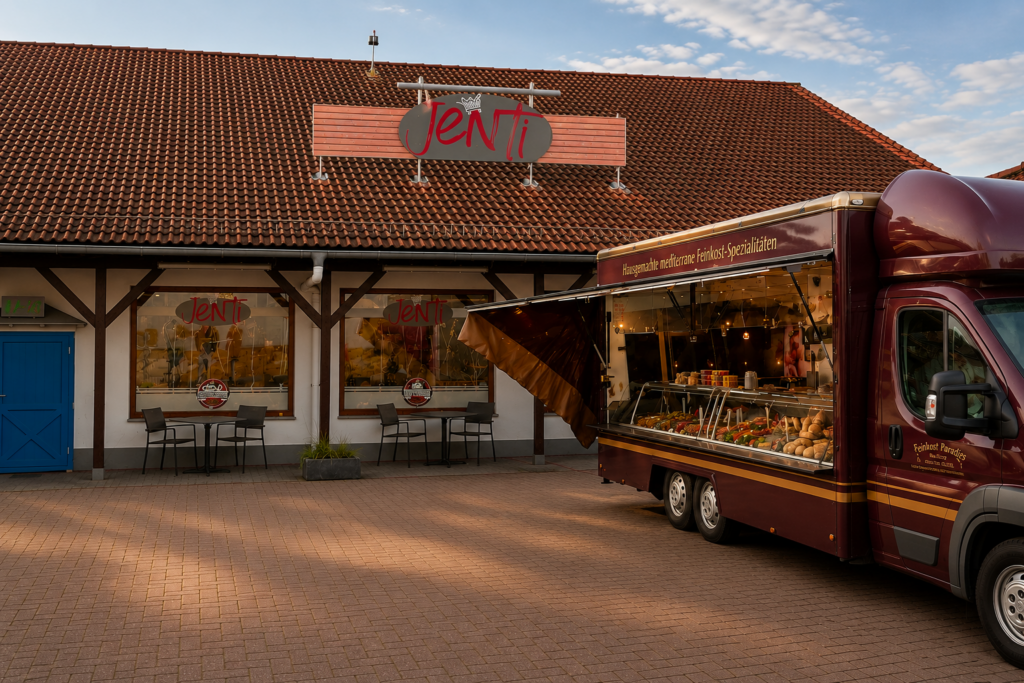 Mediterraner Feinkostwagen vor dem JenTi Markt in Jugenheim mit geöffneter Verkaufstheke und verschiedenen Feinkost-Spezialitäten.“